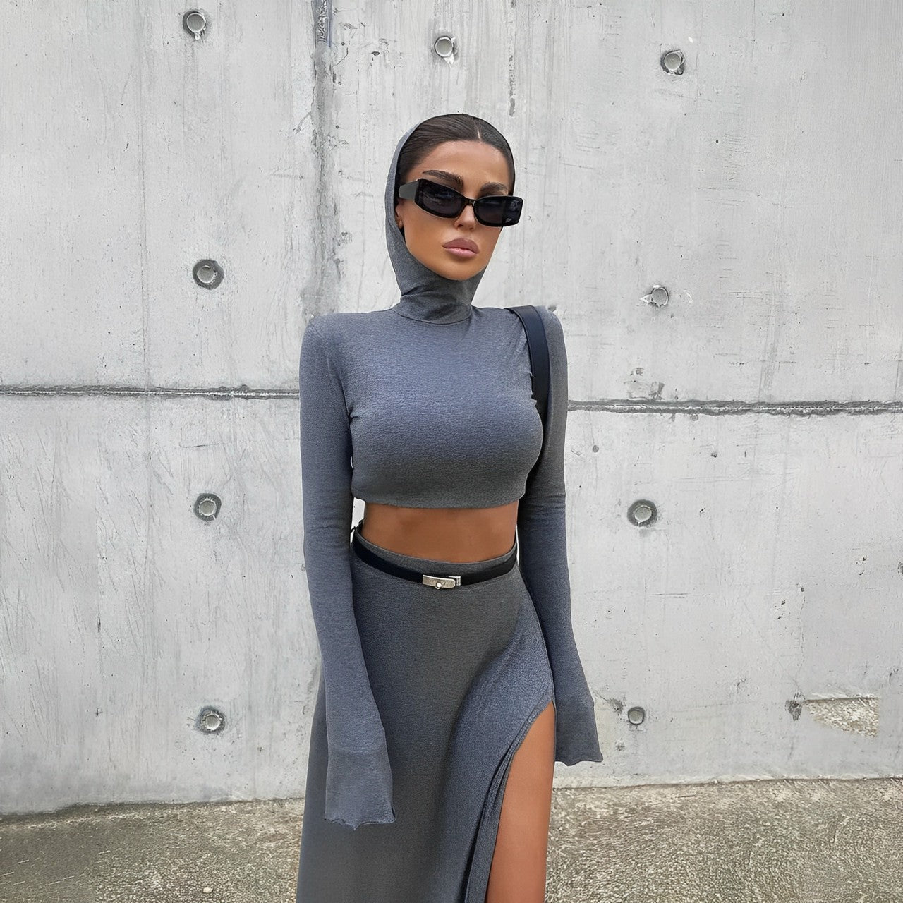 Gray Silk Slit Maxi Skirt Two Piece