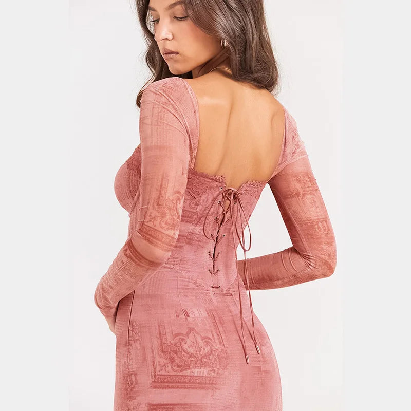 Women'S Sexy Style Lace Long Sleeve Dress Back Bandage Adjustable Long Sleeve Dress JY23603DG/JY23667LL