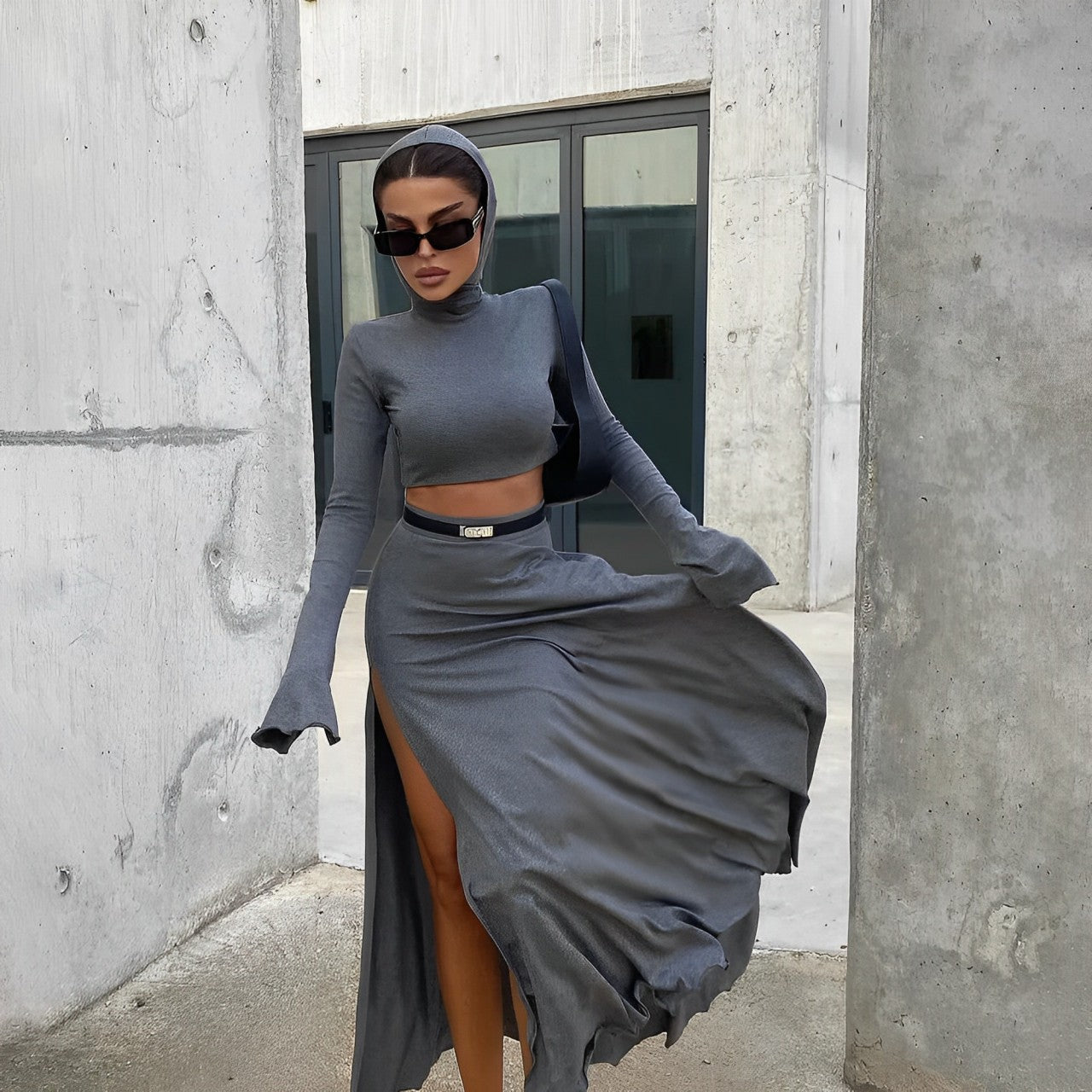 Gray Silk Slit Maxi Skirt Two Piece