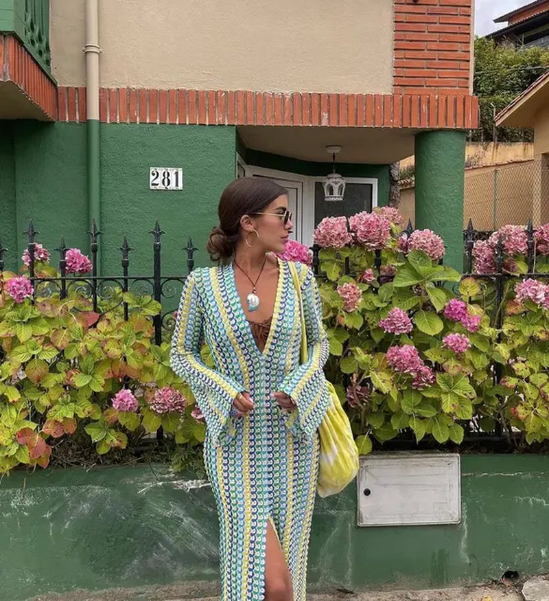 Crochet Colorful Stripe Maxi Dress Women Flare Sleeve V-Neck High Split Sexy Long Dresses 2023 New Autumn Beach Banquet Vestidos