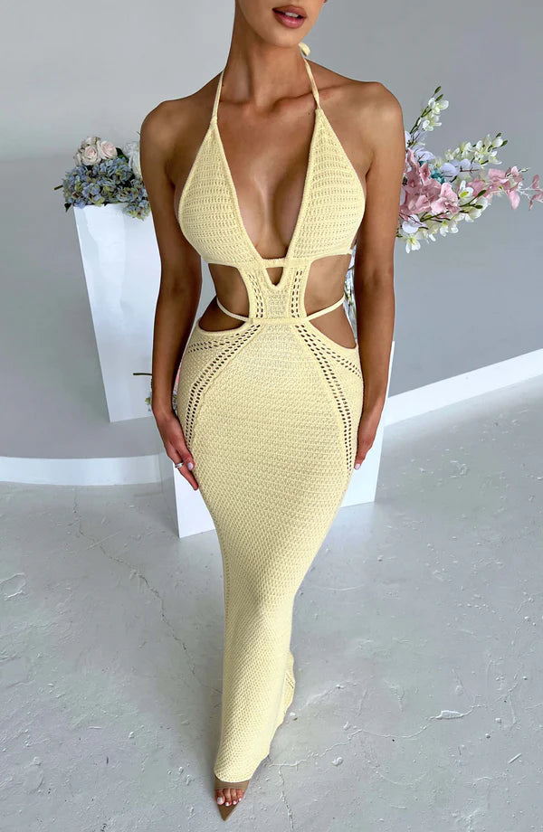 Crochet Knitted Backless V Neck Bodycon Dress