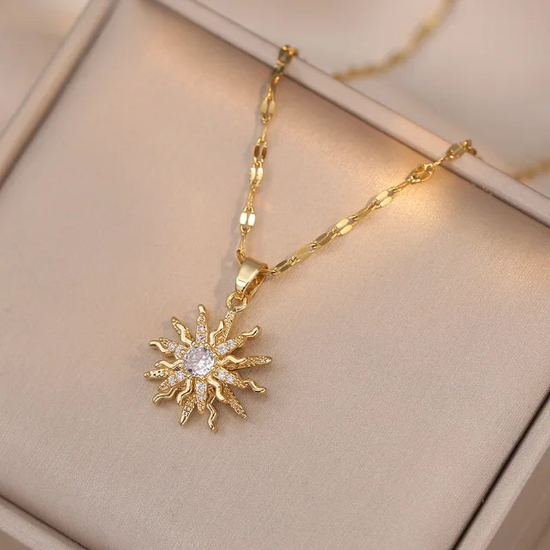 Rotating Flower Pendant Stainless Steel Chains Necklaces for Women Antique Gold Color White Zircon Sun Clavicle Necklace Jewelry