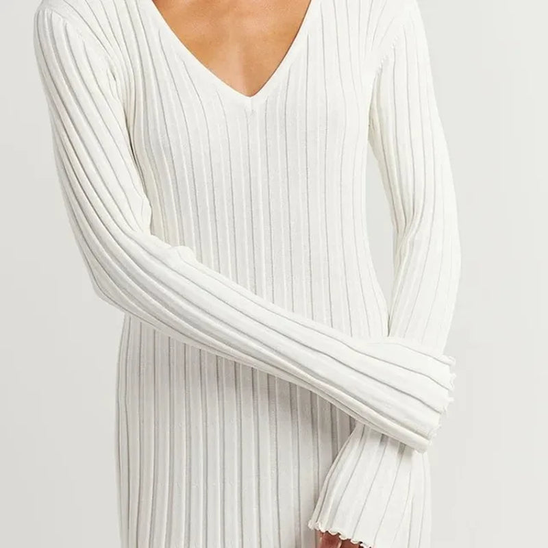 Women'S Spring and Autumn New Fashion Elegant Pullover V-Neck Solid Long Sleeve Medium Long Relaxed Commuter Knitted Dress